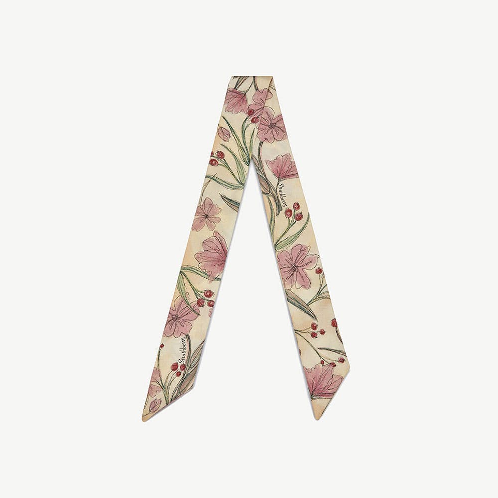 Strathberry Silk Skinny Scarf - Butter Yellow Berry Flower