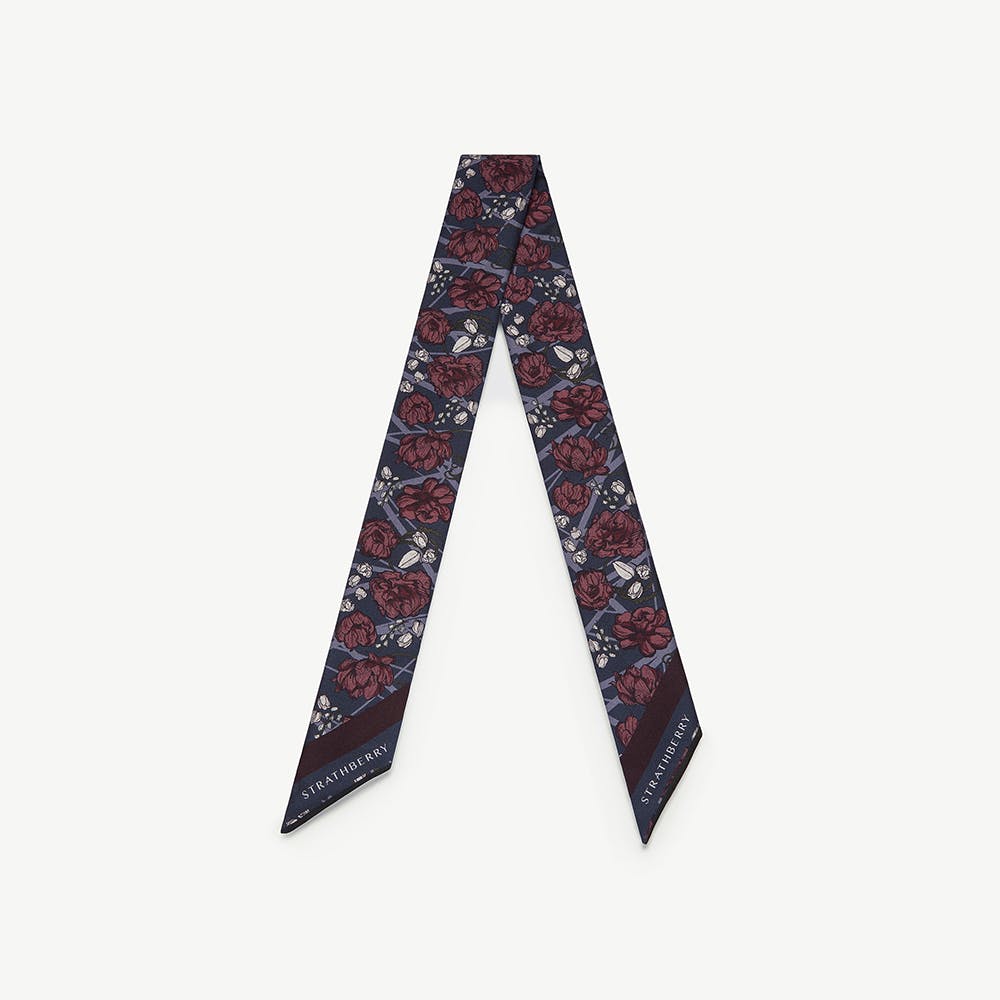 Strathberry Silk Skinny Scarf - ECA Charlotte Floral Burgundy/Navy