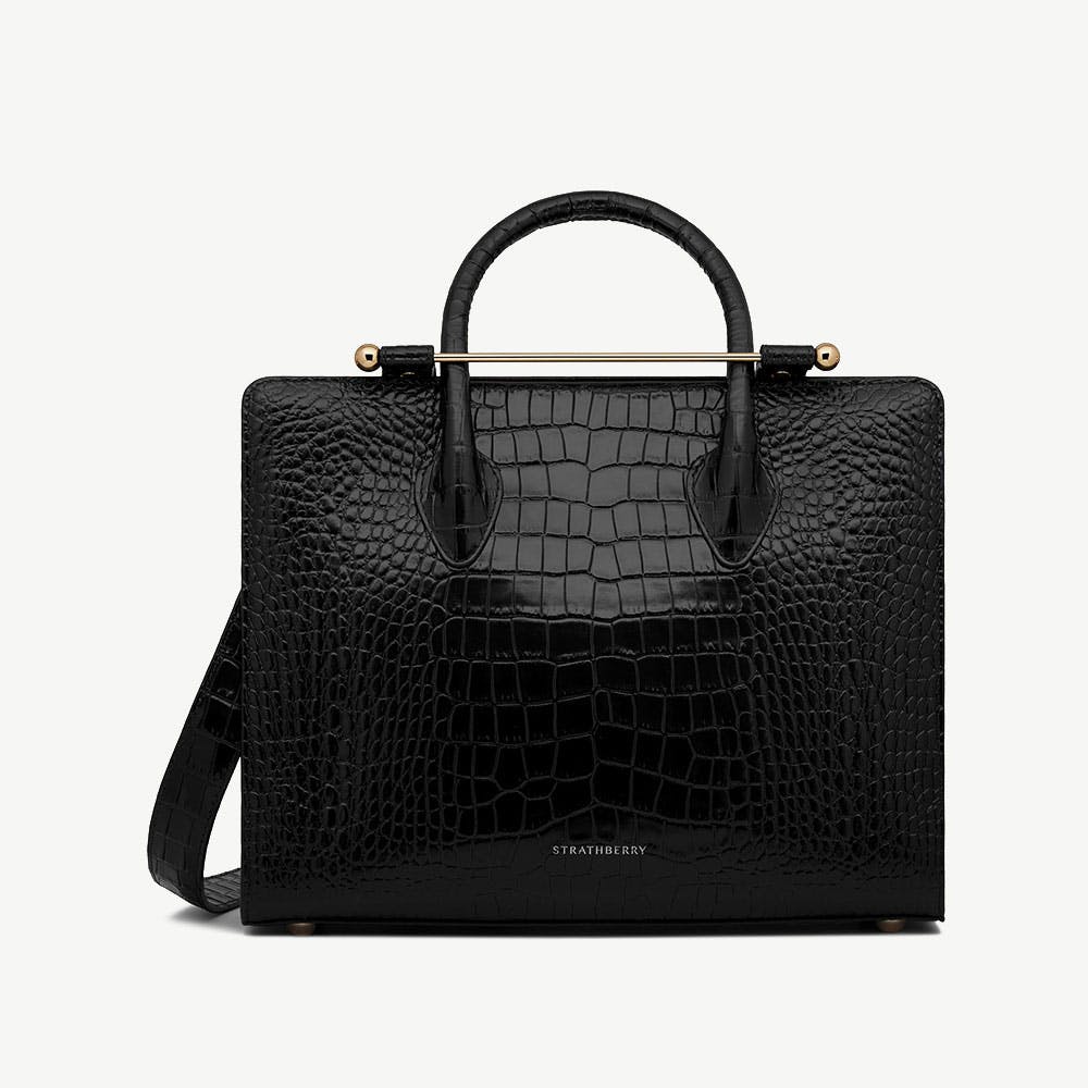 Strathberry Midi Tote - Croc-Embossed Leather Black