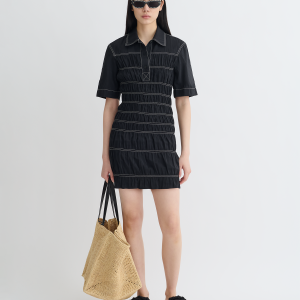 Nanushka Nomia - Smocked Glass Poplin Mini Dress - Black