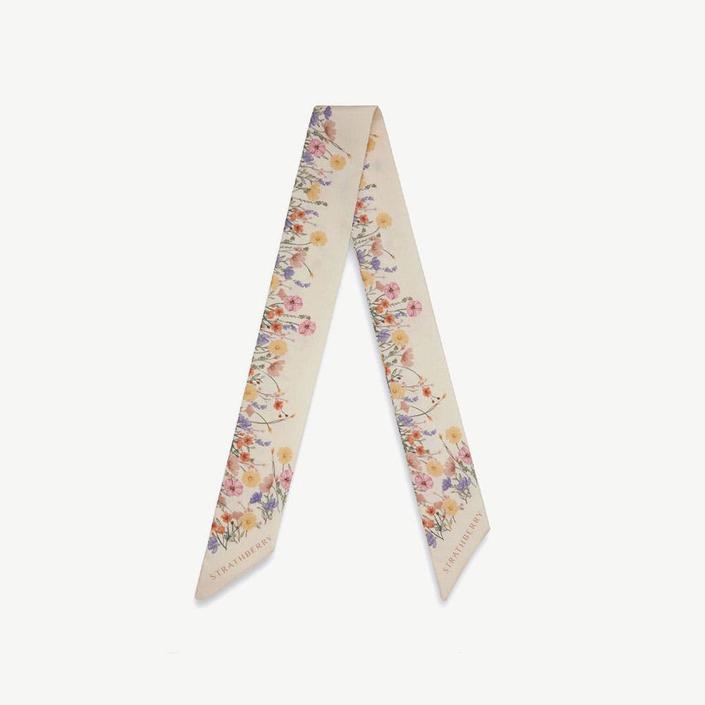 Strathberry Silk Skinny Scarf - Vanilla Frame Flower Print