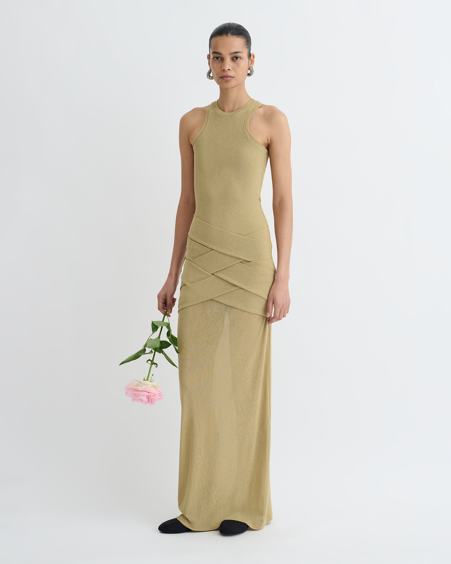Nanushka Arisa - Draped Mesh Jersey Maxi Dress - Sand