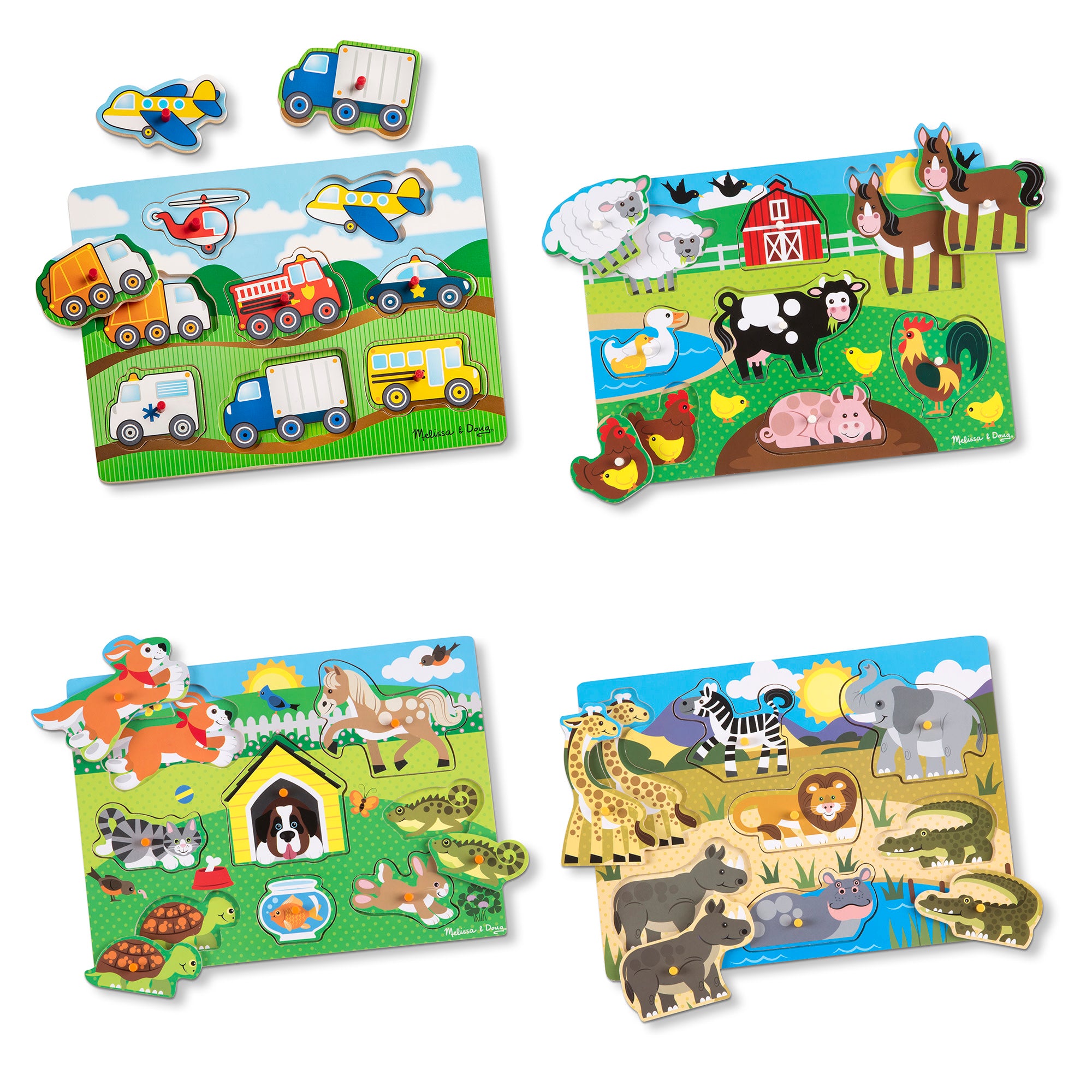 Melissa & Doug Wooden Peg Puzzle 4-Pack – Vehicles, Farm, Safari, Pets