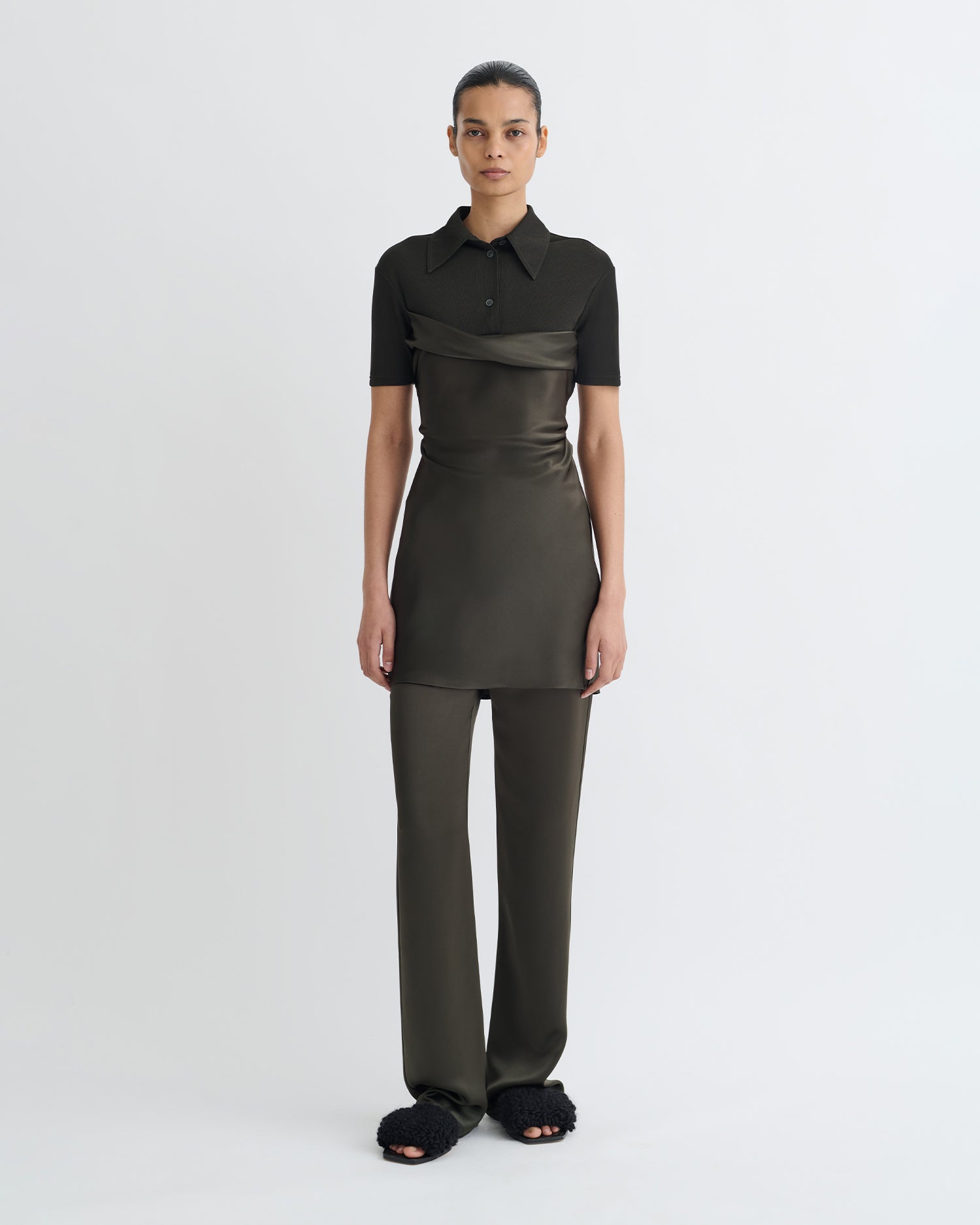 Nanushka Heceta - Mesh Jersey and Slip Satin Mini Dress - Dark Green/Anthracite