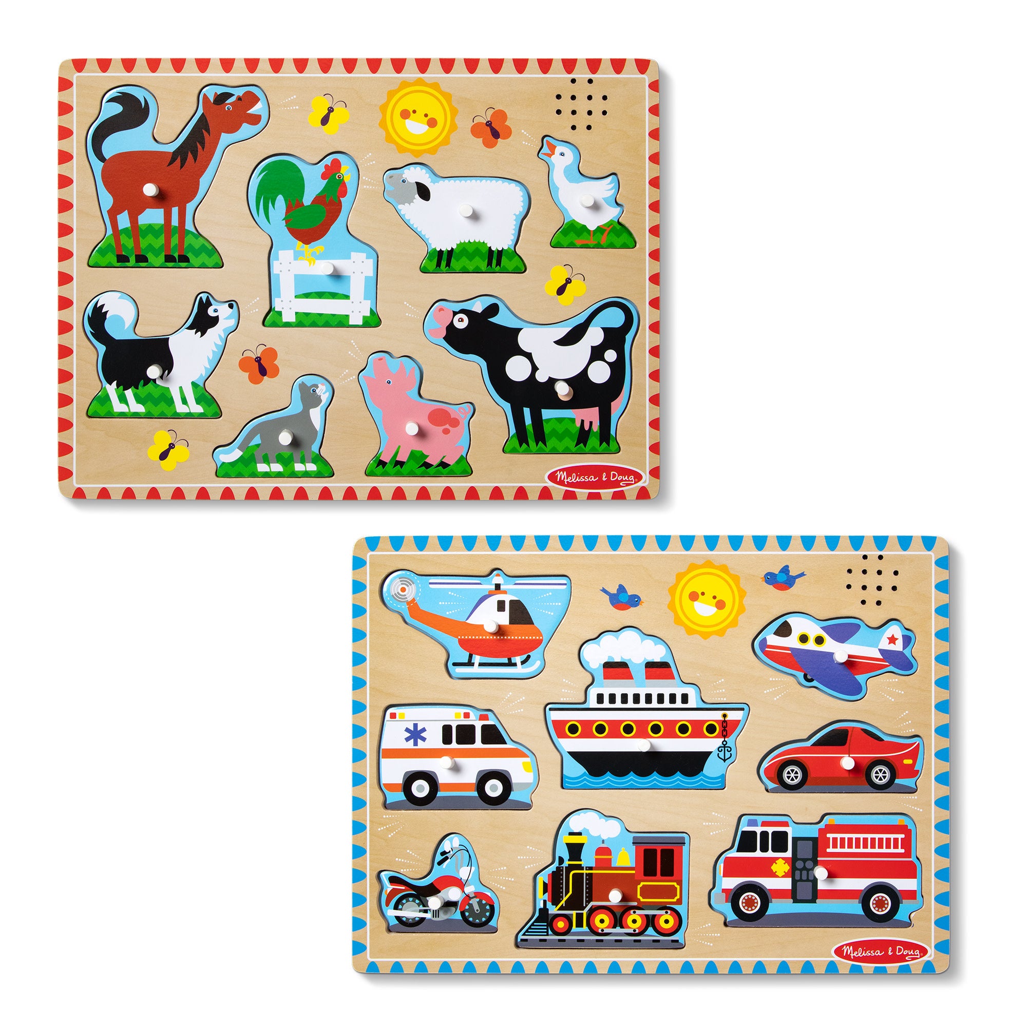 Melissa & Doug Wooden Sound Puzzle 2-Pack – Farm Animals, Vehicles