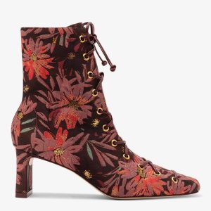 Larroudé x Markarian Alexis Boot In Floral Embroidery Burgundy Fabric
