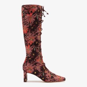 Larroudé x Markarian Alexis Hi Boot In Floral Embroidery Burgundy Fabric