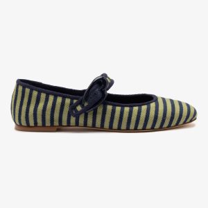 Larroudé Verona Ballet Flat In Navy and Green Striped Fabric and Navy Trimming