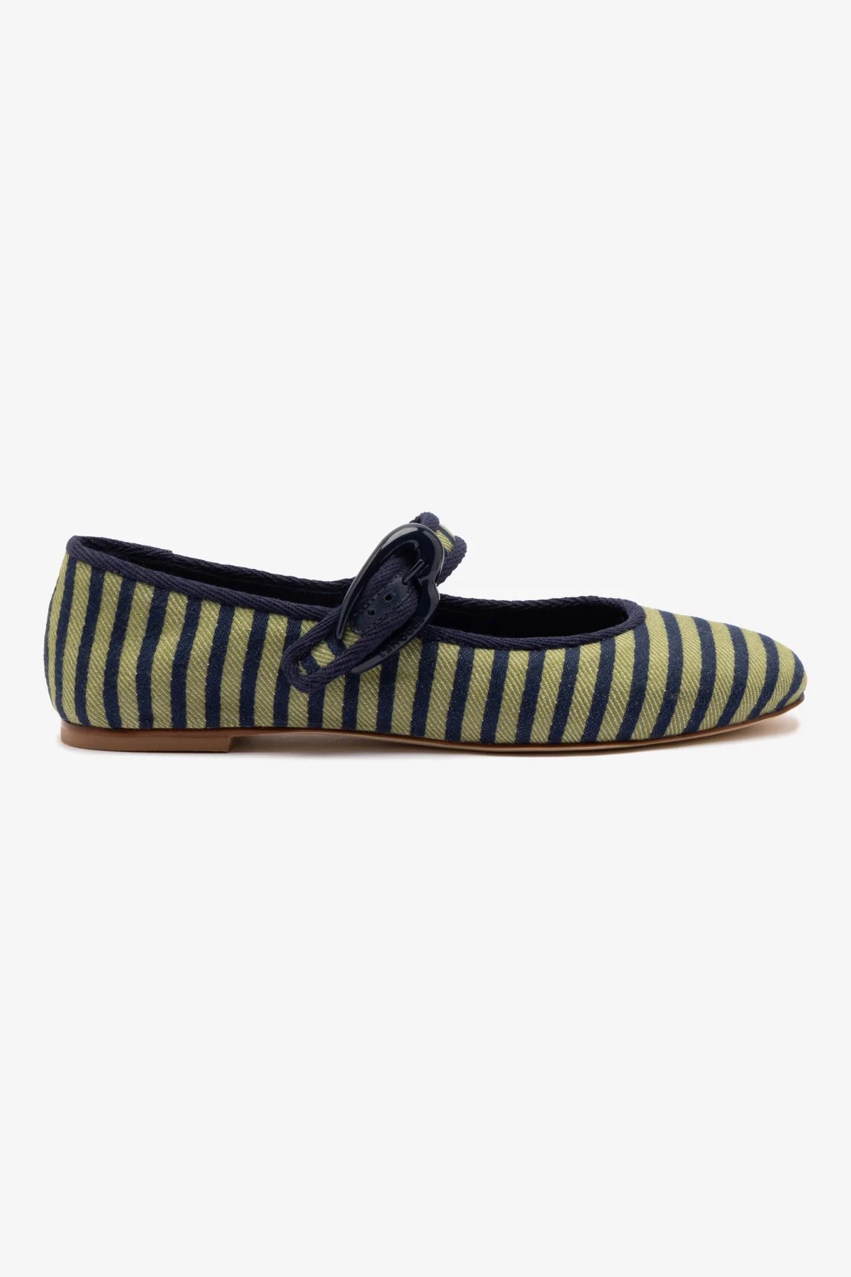 Larroudé Verona Ballet Flat In Navy and Green Striped Fabric and Navy Trimming