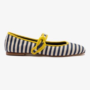 Larroudé Verona Ballet Flat In Navy and Natural Striped Fabric and Lemonade Trimming