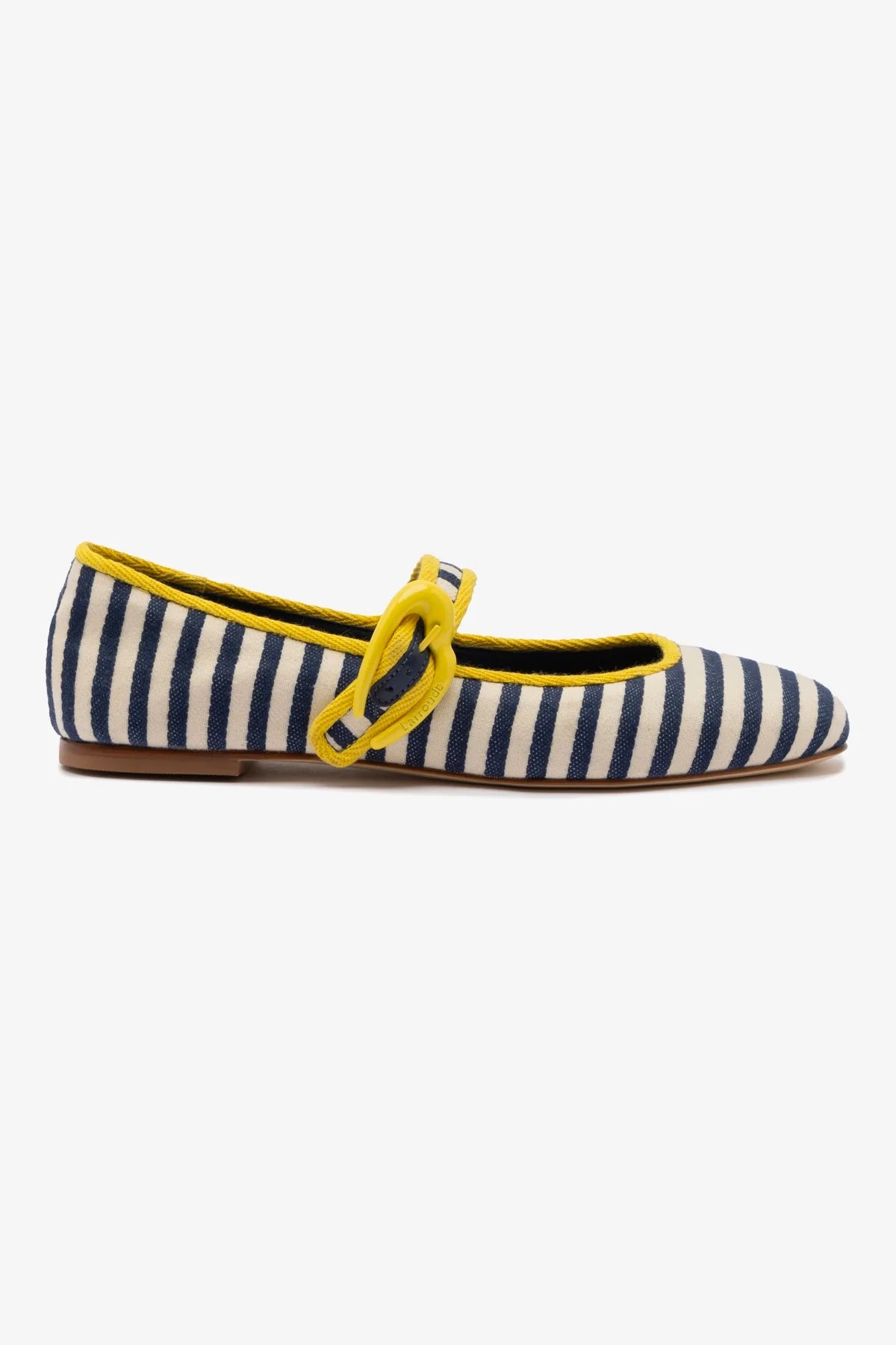 Larroudé Verona Ballet Flat In Navy and Natural Striped Fabric and Lemonade Trimming