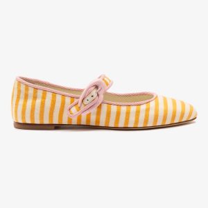 Larroudé Verona Ballet Flat In Marigold and Natural Striped Fabric and Tulip Trimming