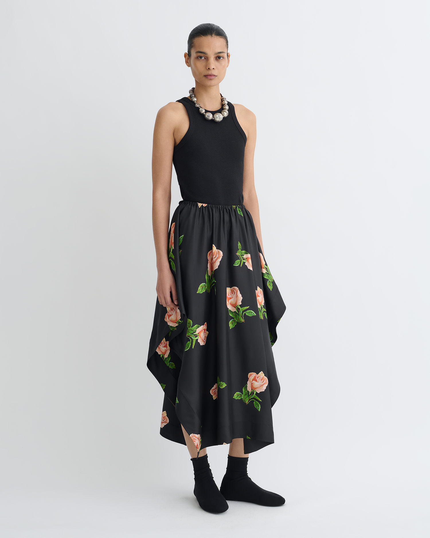 Nanushka Ilariah - Printed Silk Twill Midi Skirt - Off Black/Roses