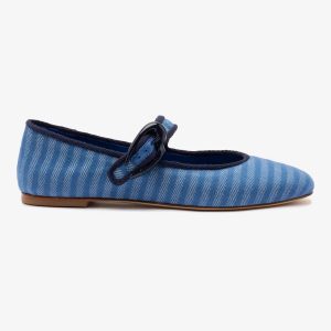 Larroudé Verona Ballet Flat In Egyptian Blue Striped Fabric and Navy Trimming