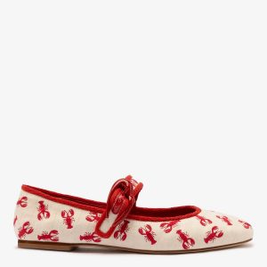 Larroudé Verona Ballet Flat In White Striped Fabric and Lobster Embroidery