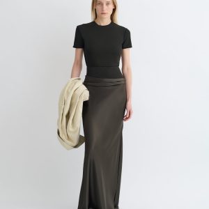 Nanushka Letto - Mesh Jersey and Slip Satin Skirt - Dark Green/Anthracite