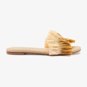 Larroudé Ivy Fringe Flat In Beige Raffia