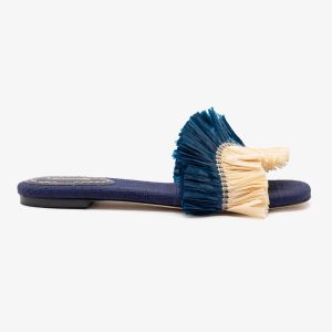 Larroudé Ivy Fringe Flat In Navy Raffia