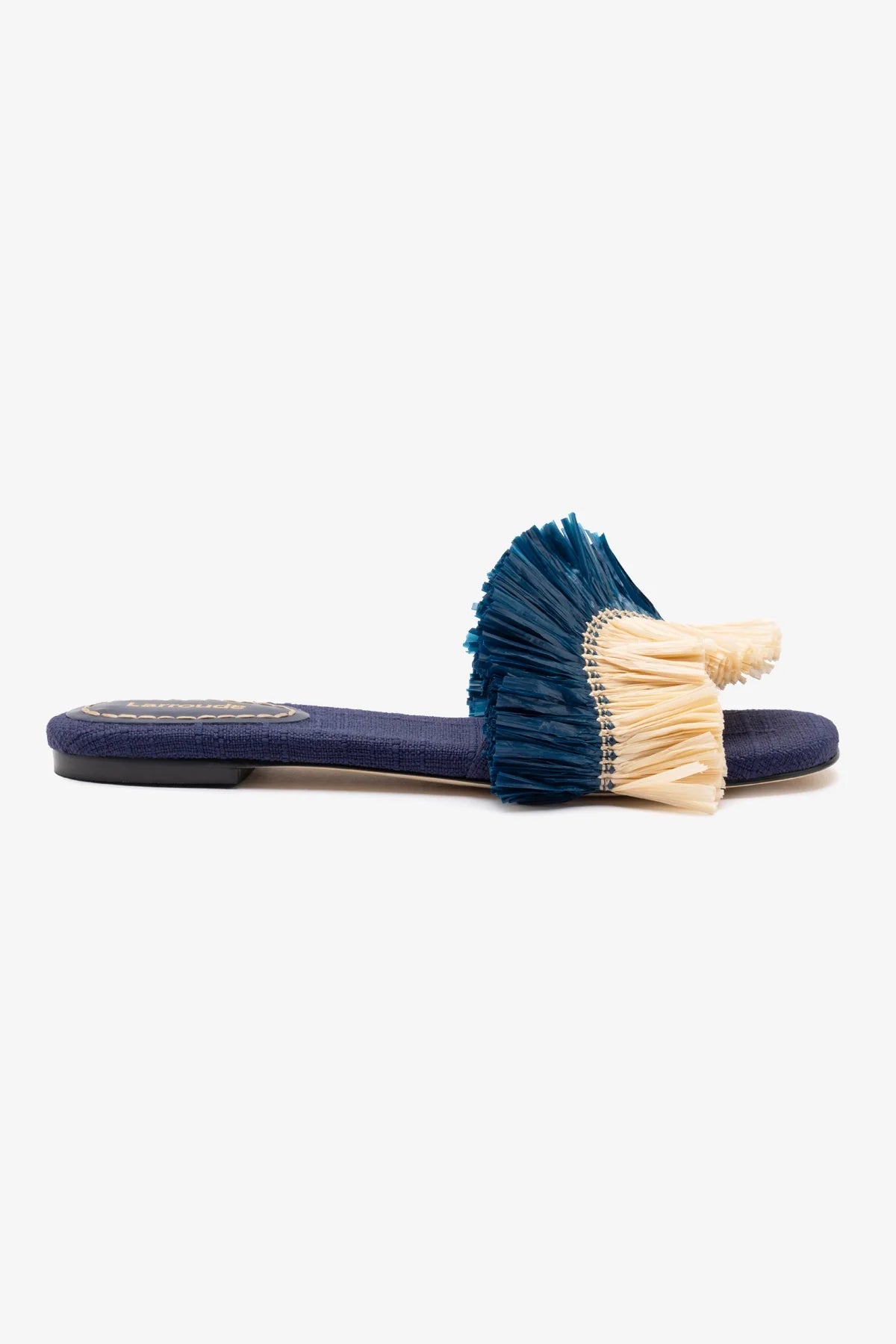 Larroudé Ivy Fringe Flat In Navy Raffia