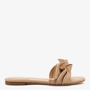 Larroudé Ivy Ruffle Flat Mule In Beige Raffia