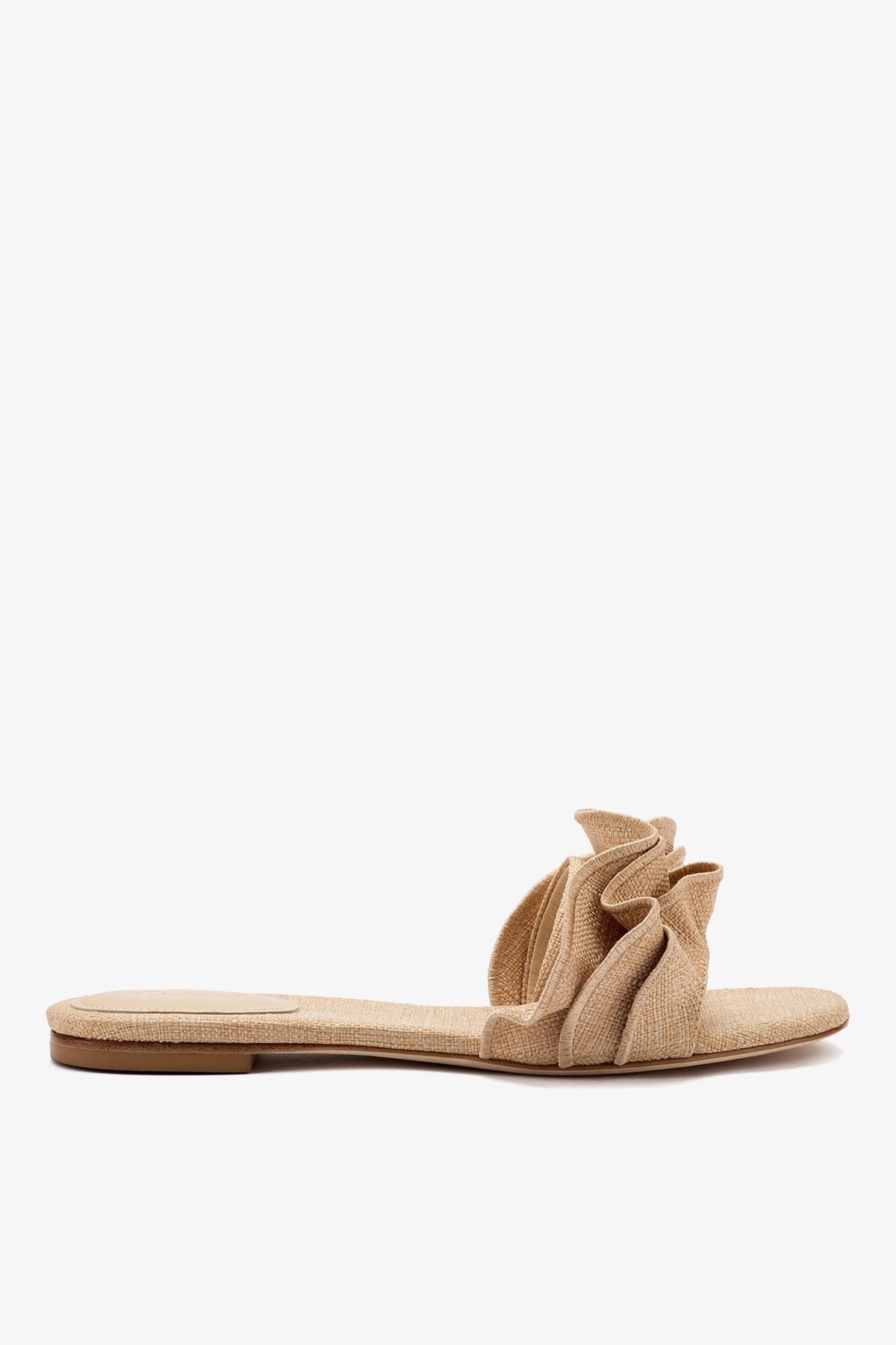Larroudé Ivy Ruffle Flat Mule In Beige Raffia