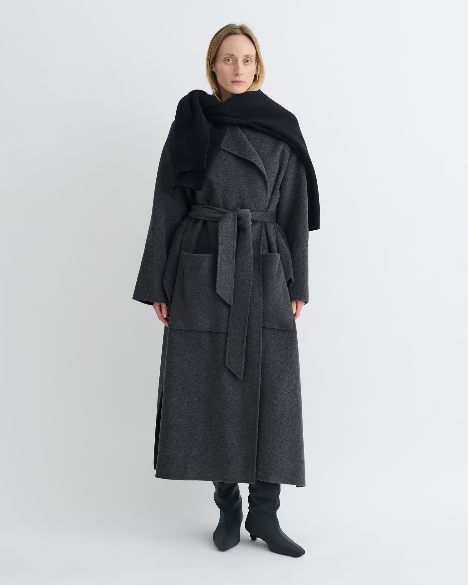 Nanushka Salima - Double Wool Robe Coat - Grey Melange