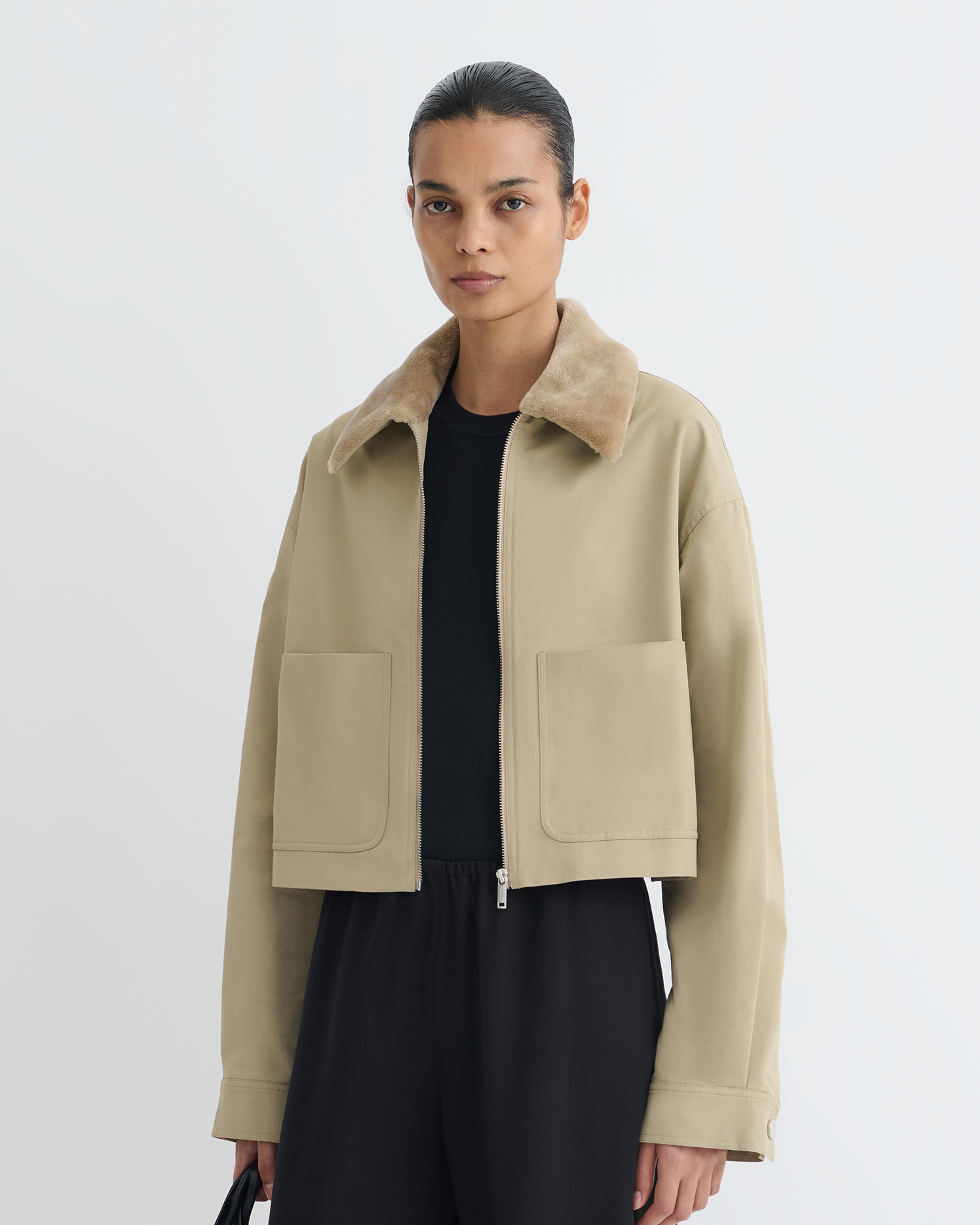 Nanushka Phebe - Cropped Tech Twill and Faux Fur Jacket - Pebble/Beige