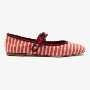 Larroudé Verona Ballet Flat In Tulip and Carmine Striped Fabric and Burgundy Trimming