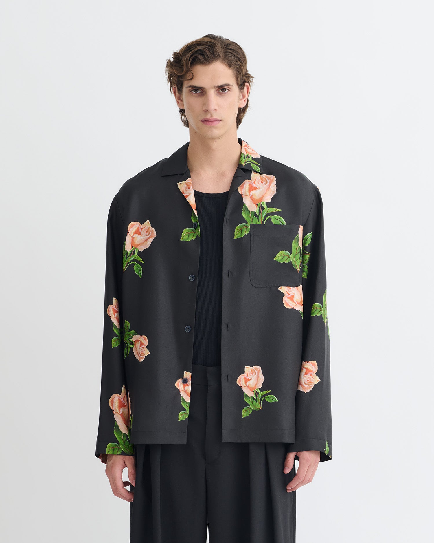 Nanushka Jamar - Printed Silk Twill Shirt - Black/Roses