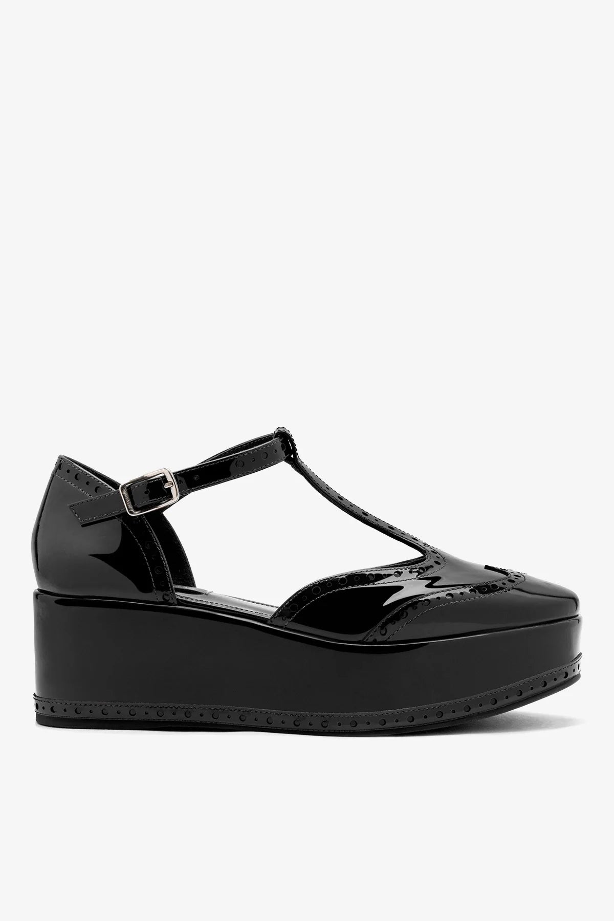 Larroudé Luna Flatform Sandal Black Patent Leather
