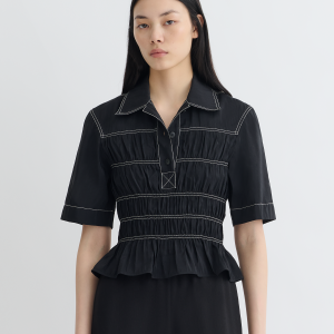 Nanushka Nairi - Smocked Glass Poplin Shirt - Black