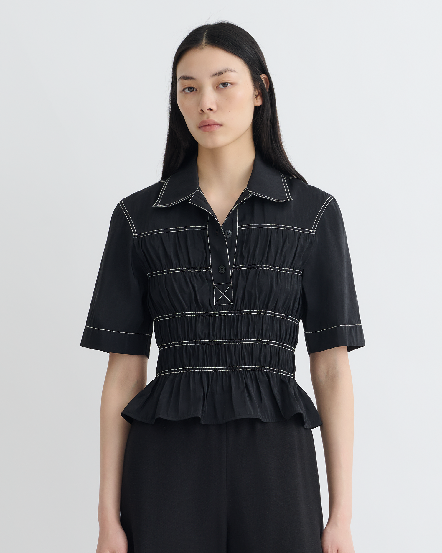 Nanushka Nairi - Smocked Glass Poplin Shirt - Black