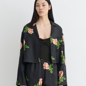 Nanushka Vally - Cropped Silk Twill Shirt - Off Black/Roses