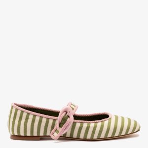Larroudé Verona Ballet Flat In Seaweed and Natural Striped Fabric and Tulip Trimming