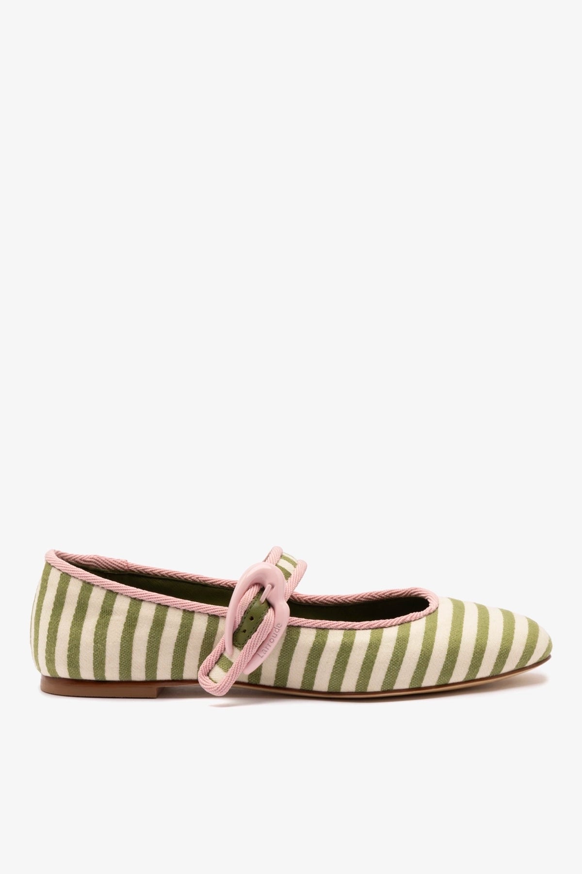 Larroudé Verona Ballet Flat In Seaweed and Natural Striped Fabric and Tulip Trimming