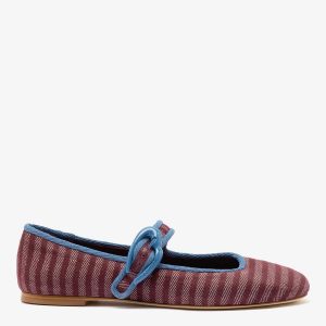 Larroudé Verona Ballet Flat In Wine Striped Fabric and Blue Stoned Trimming