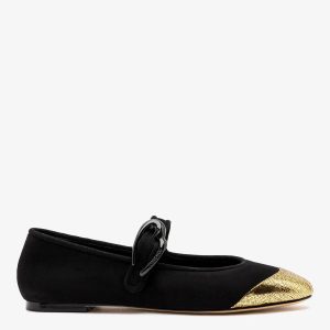 Larroudé Verona Cap Ballet Flat Black Suede and Gold Leather