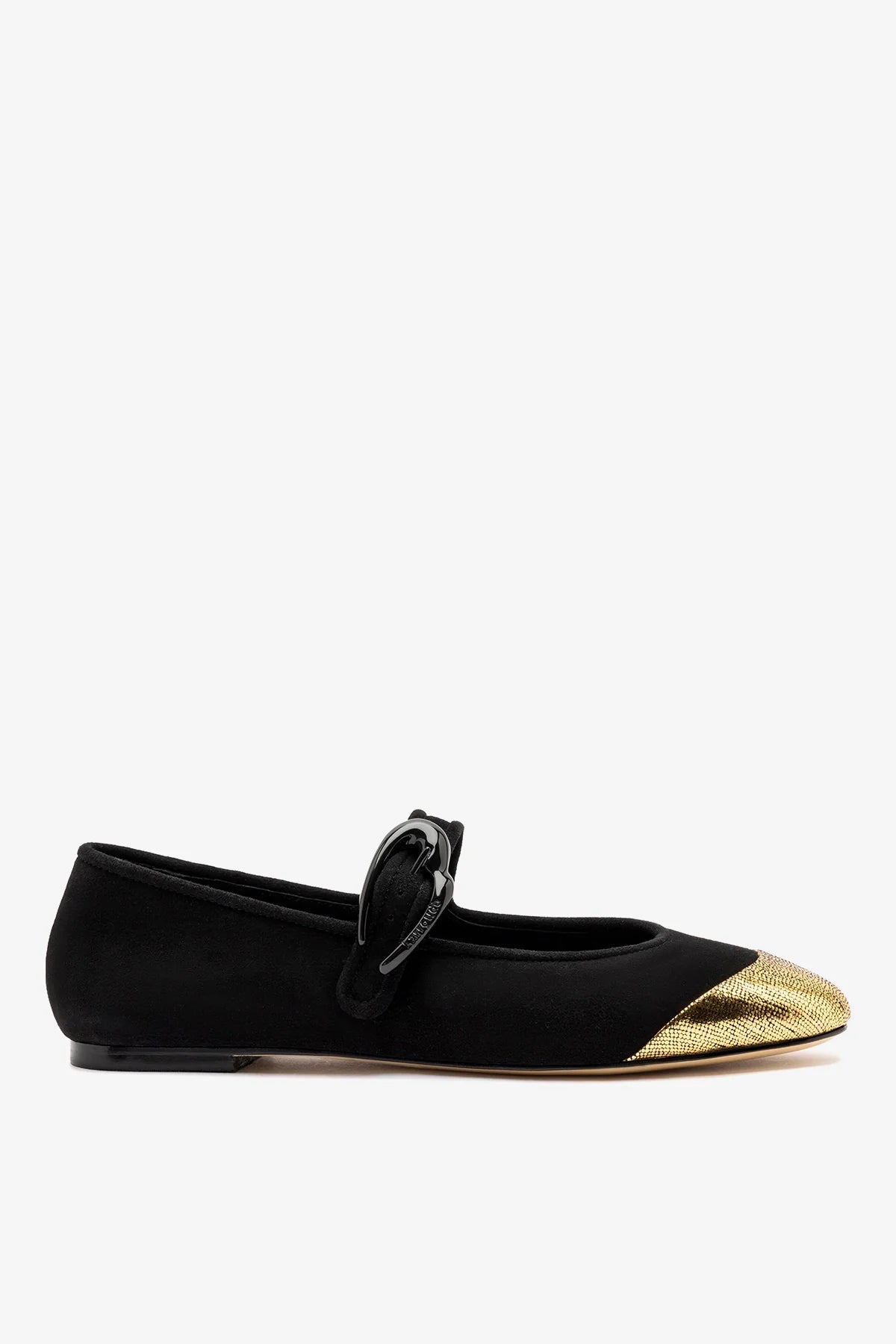 Larroudé Verona Cap Ballet Flat Black Suede and Gold Leather