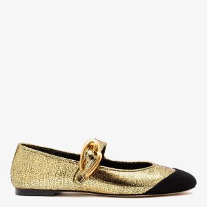 Larroudé Verona Cap Ballet Flat Gold Leather and Black Suede