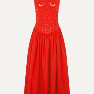 Stine Goya Embroidered Midi Dress - Fiery Red