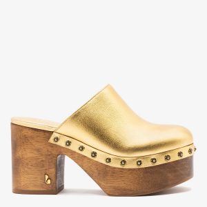 Larroudé Miso Wooden Platform Clog Gold Leather