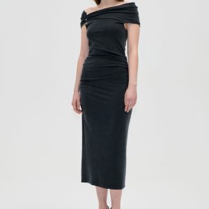 Stine Goya One Shoulder Draped Midi Dress - Black