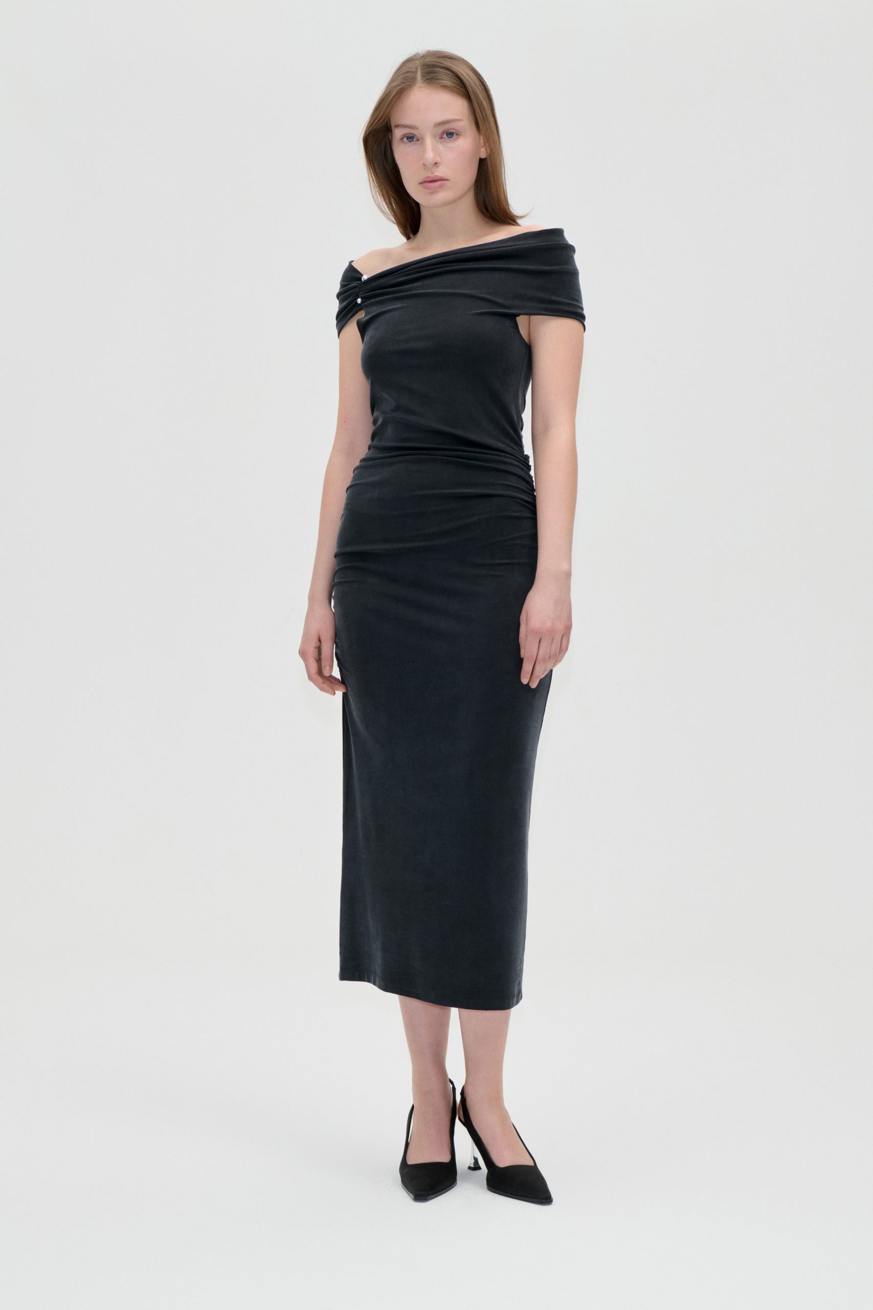 Stine Goya One Shoulder Draped Midi Dress - Black