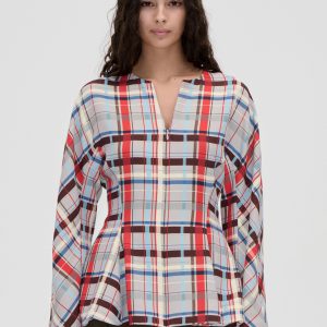 Stine Goya Flared Hem Zip-Up Top - Scarlet Grid