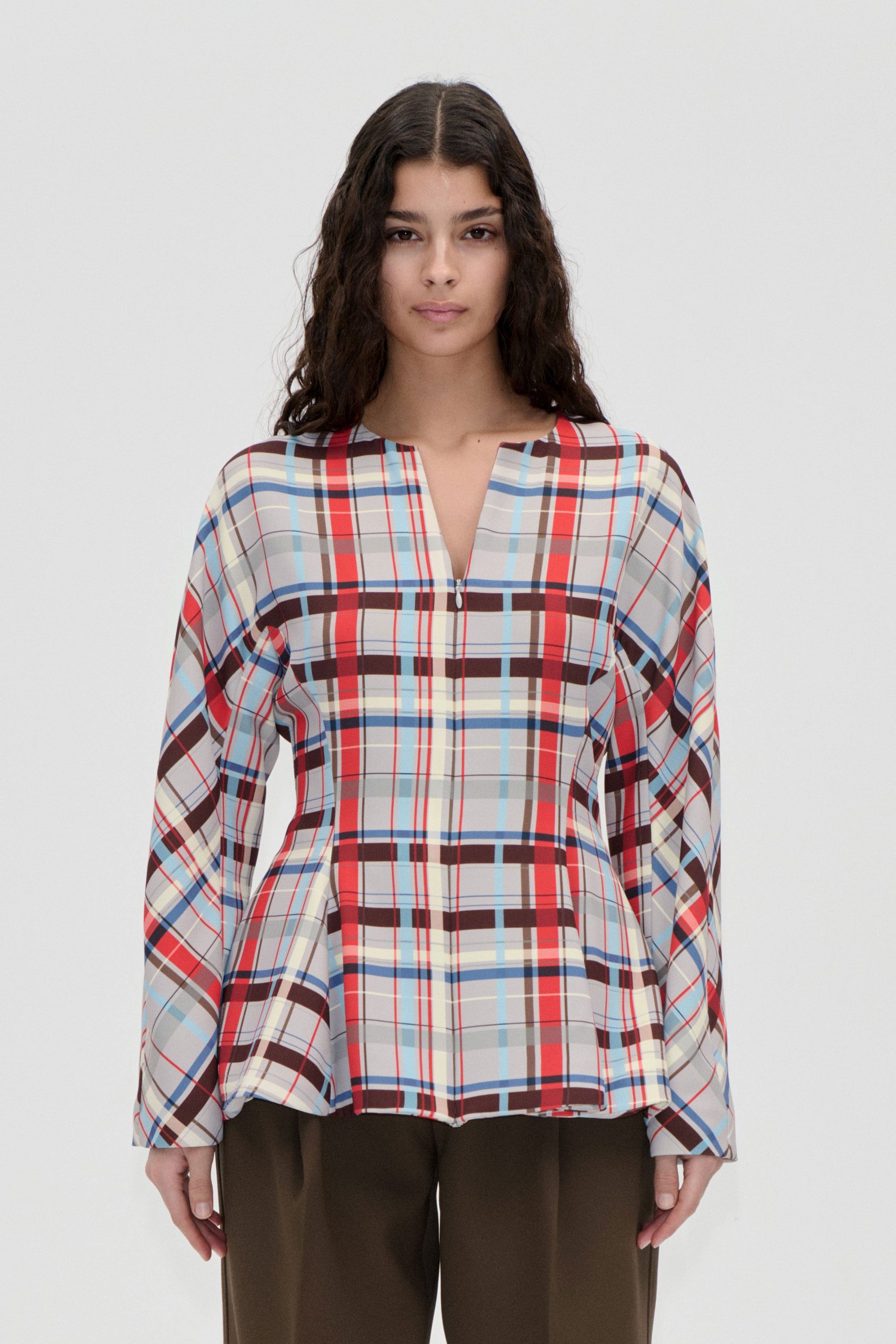 Stine Goya Flared Hem Zip-Up Top - Scarlet Grid