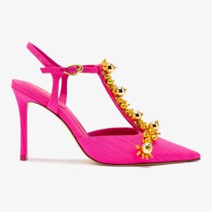 Larroudé x Libertine Pump In Magenta Fabric and Golden Balls