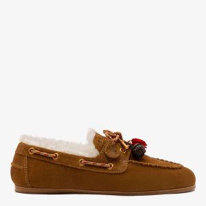Larroudé Cyprus Boat Shoe In Russet Suede and Natural Shearling