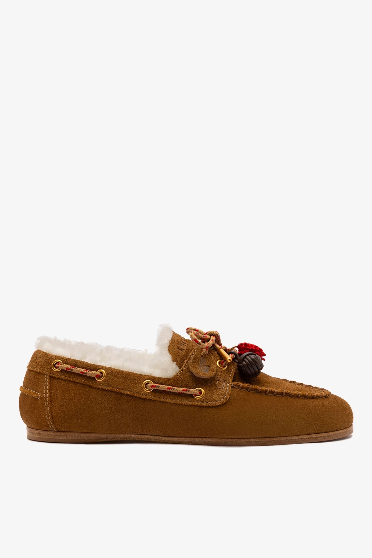 Larroudé Cyprus Boat Shoe In Russet Suede and Natural Shearling