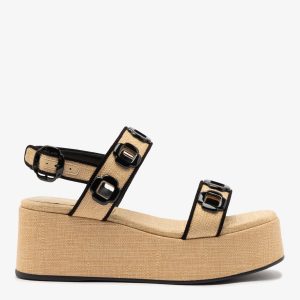 Larroudé Milan Flatform In Beige Raffia and Black Trimming