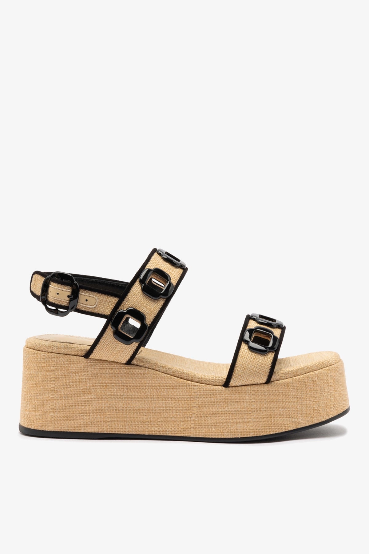 Larroudé Milan Flatform In Beige Raffia and Black Trimming